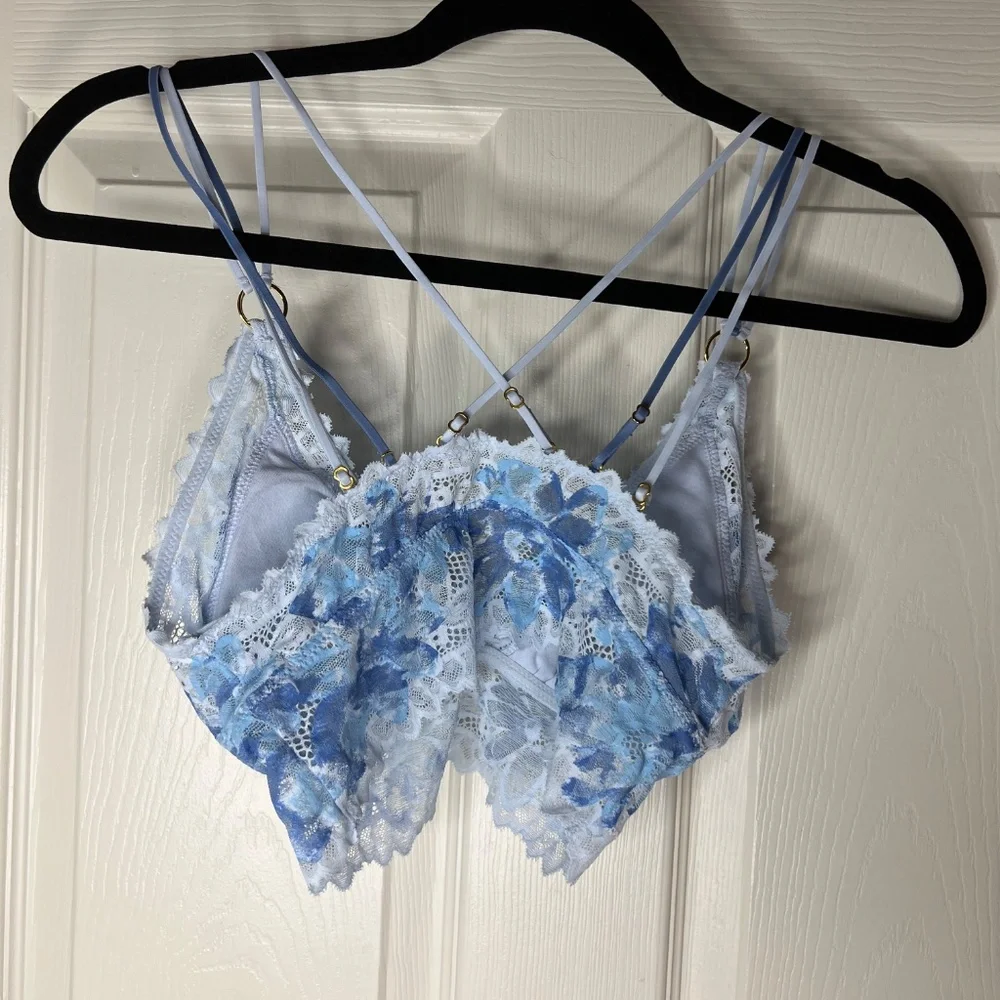 Aerie Sunkissed Lace Padded Plunge Bralette, Eyelet Blue , Size SMALL - Picture 3 of 3